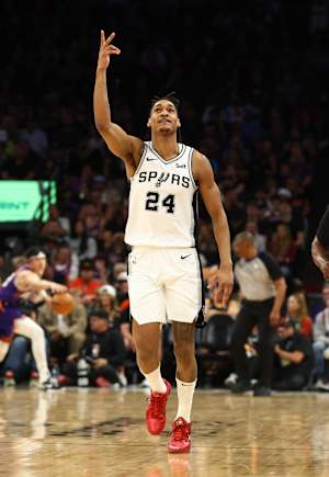 Nov 2, 2023; Phoenix, Arizona, USA; San Antonio Spurs guard Devin Vassell (24) against the Phoenix Suns at Footprint Center.